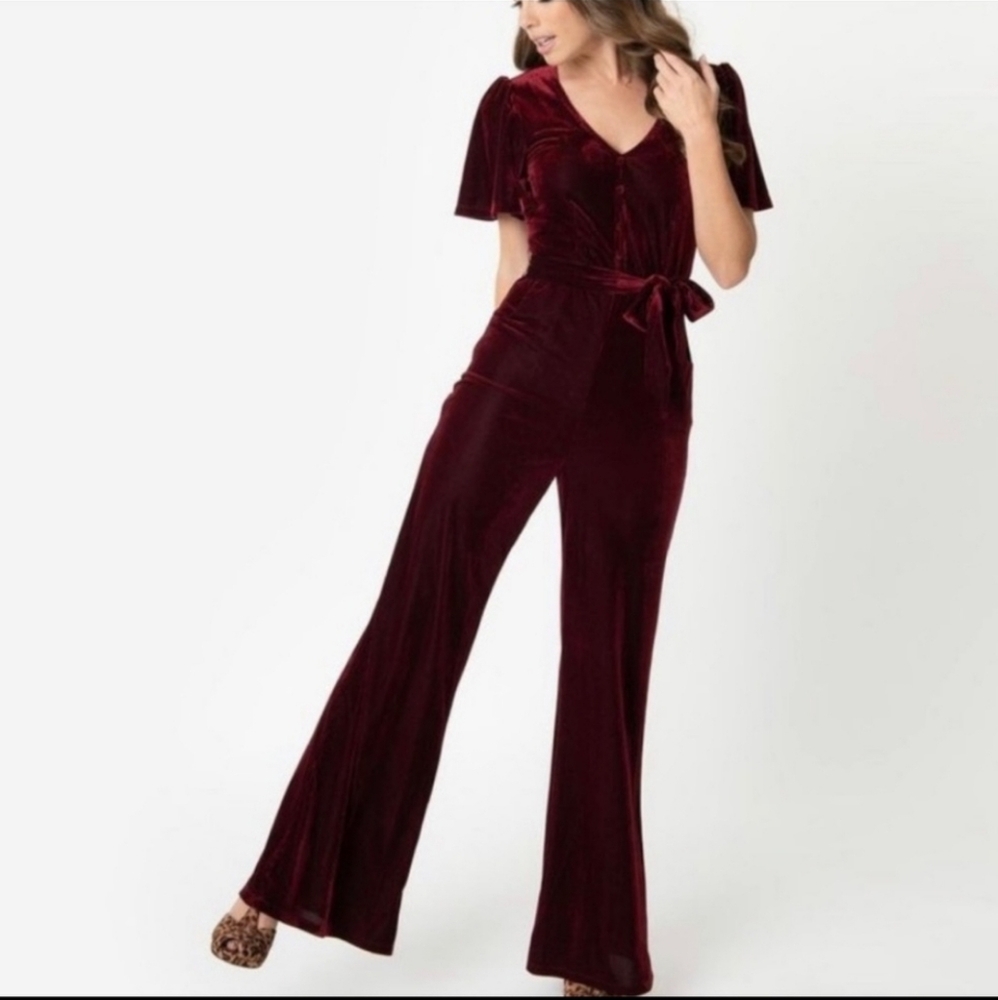 Elegant Burgundy Velvet Jumpsuit